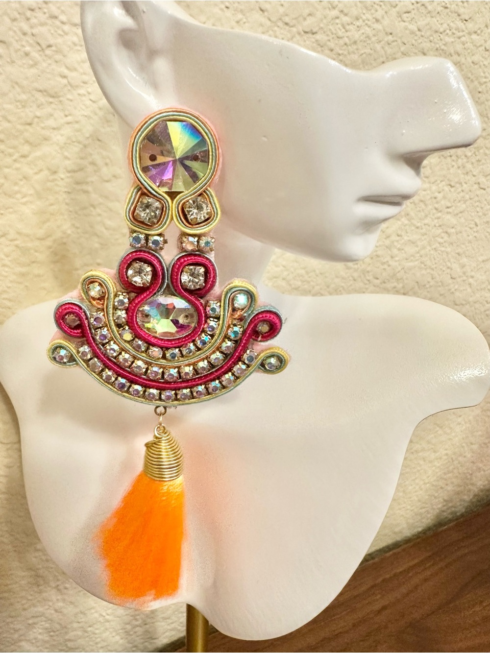 Handmade Soutache Statement Pink & Orange Tassel Drop Earrings